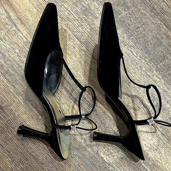 Stuart Weitzman Women’s Black Heels with Jeweled Accent Straps - Picture 3 of 10